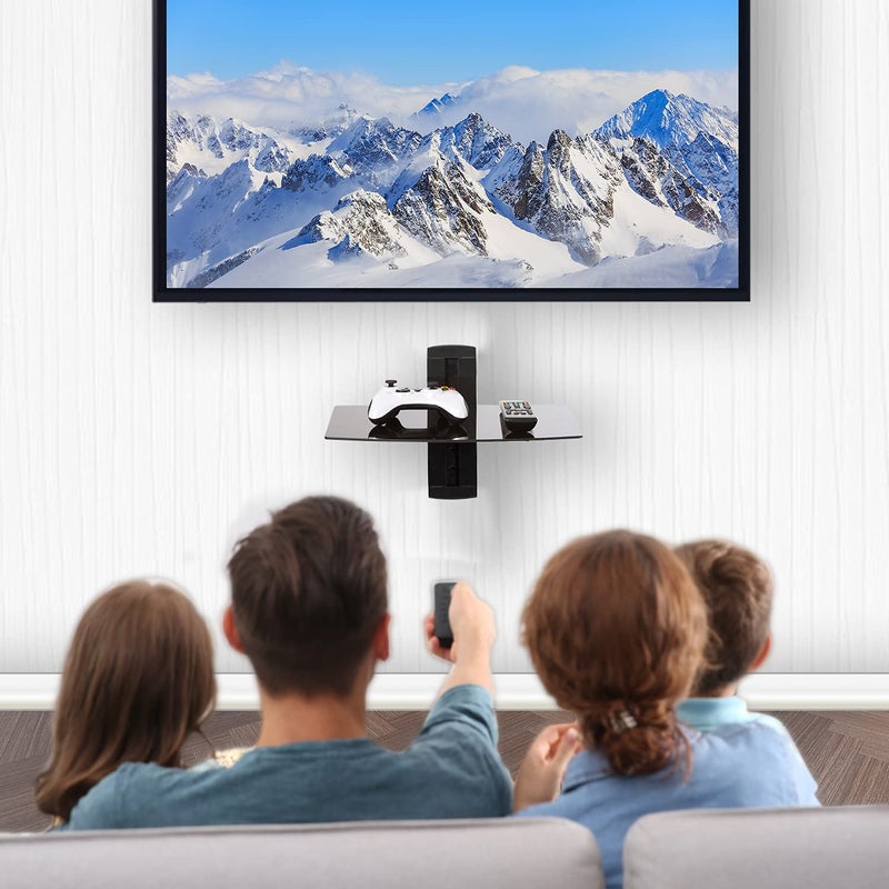WALI رف تلفاز والي العائم، رف زجاجي بمستوى واحد لجهاز عرض DVD، أجهزة التوجيه، وحدات التحكم في الألعاب، صناديق الكابلات، ديكور غرفة المعيشة، رفوف حائط تتحمل حتى 17.6 رطل (CS201B)، رف واحد، أسود - Image 2