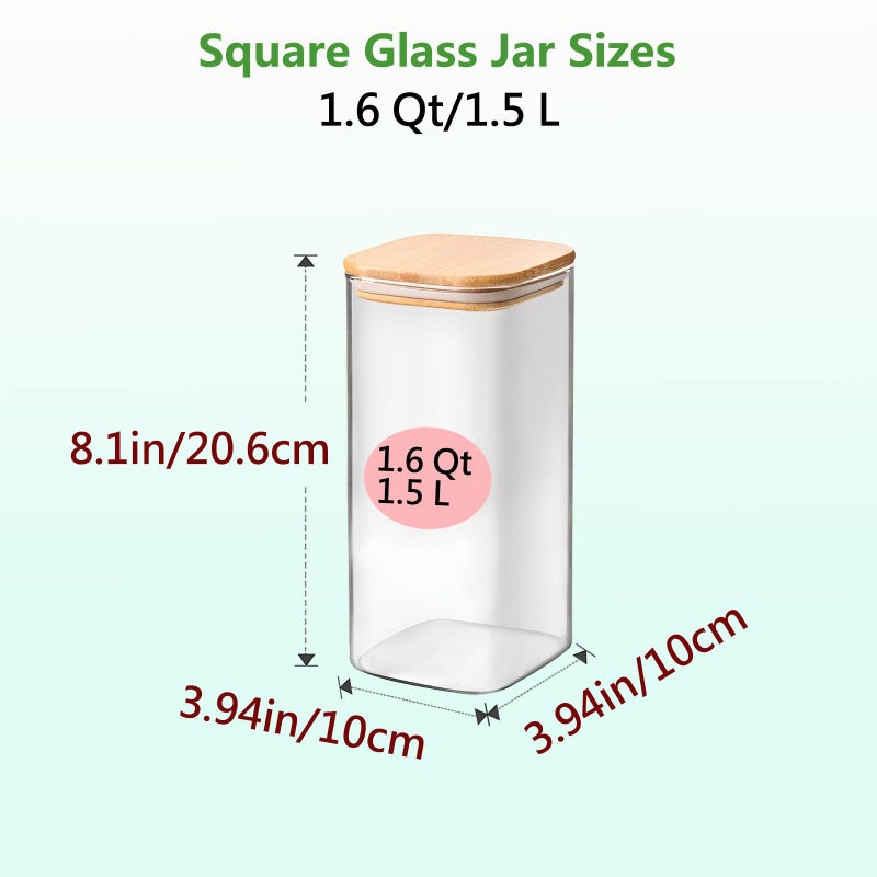VIEWELLD 1.6 Qt Square Glass Storage Containers with Lids, Clear Food Storage Container Jar with Sealing Bamboo Lid for Noodles Flour Cereal Rice Sugar Tea Coffee Beans,Square Set of 3 - Image 2