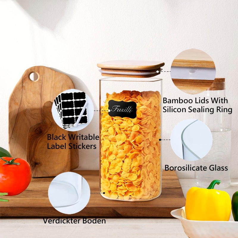VIEWELLD 1.6 Qt Square Glass Storage Containers with Lids, Clear Food Storage Container Jar with Sealing Bamboo Lid for Noodles Flour Cereal Rice Sugar Tea Coffee Beans,Square Set of 3 - Image 4