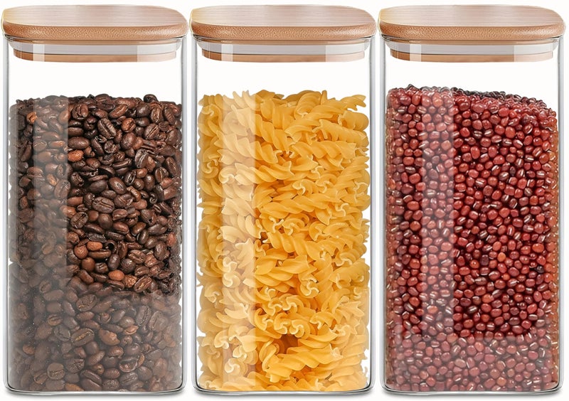 VIEWELLD 1.6 Qt Square Glass Storage Containers with Lids, Clear Food Storage Container Jar with Sealing Bamboo Lid for Noodles Flour Cereal Rice Sugar Tea Coffee Beans,Square Set of 3 - Image 1