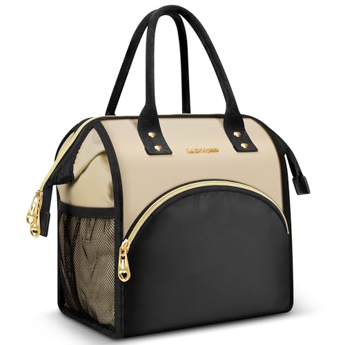 LOKASS Lunch Bag Women Insulated Lunch Box WideOpen Lunch Tote Bag Large Drinks Holder Durable Nylon Thermal Snacks Organizer for Men Adults Work Picnic Hiking Beach Fishing Light KhakiBlack - Image 1
