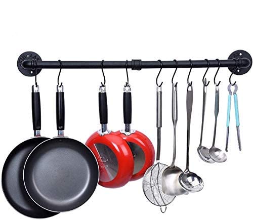 WuGeShop 38 Inch Pot Rack Hanging, Pot Rack Wall Mounted with 10 S Hooks, Kitchen Lids Utensil Spatula Hanger Organizer, Black - Image 1