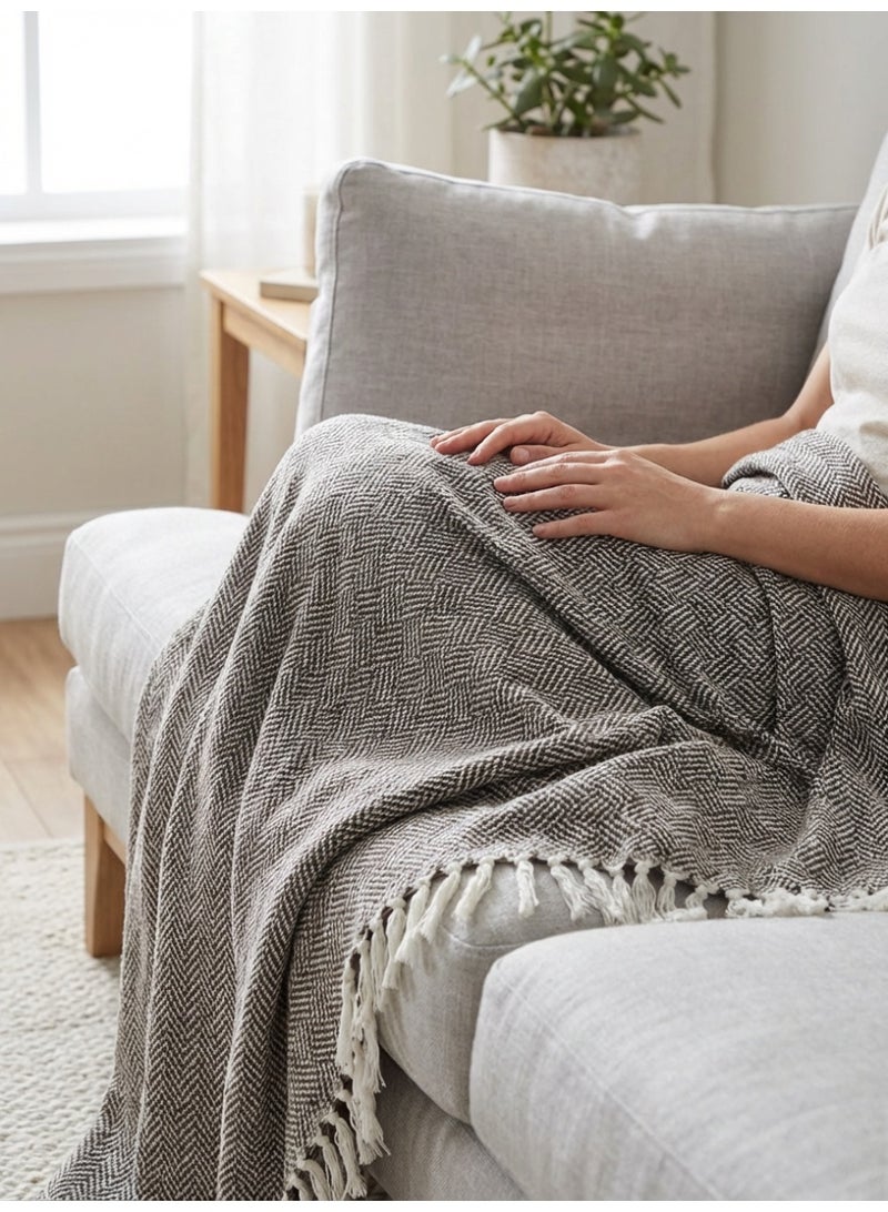 Ambrosia 130 x 160 cm Premium Cotton Woven Tiles Knitted Throw Blanket Mocha Brown Cozy Fringed Boho Accent Couch Cover For Sofa Bed 400GSM - Image 4