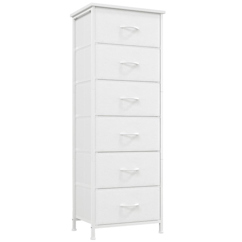 Somdot Tall Dresser for Bedroom with 6 Drawers, Storage Organizer Chest of Drawers with Removable Fabric Bins for Closet Bedside Living Room Laundry Entryway Hallway, White Leather - Image 1
