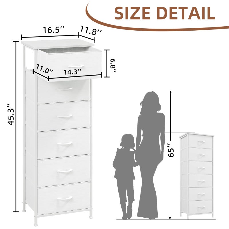Somdot Tall Dresser for Bedroom with 6 Drawers, Storage Organizer Chest of Drawers with Removable Fabric Bins for Closet Bedside Living Room Laundry Entryway Hallway, White Leather - Image 3