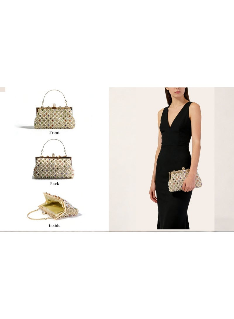 Beaded Evening Clutch Bag for Women, Rhinestone & Pearl Embellished Handbag with Gold Metal Frame, Elegant Party Purse with Detachable Chain Strap - Image 3