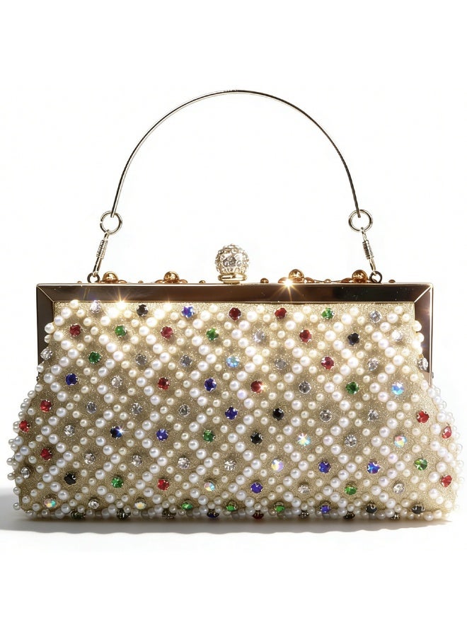 Beaded Evening Clutch Bag for Women, Rhinestone & Pearl Embellished Handbag with Gold Metal Frame, Elegant Party Purse with Detachable Chain Strap - Image 1