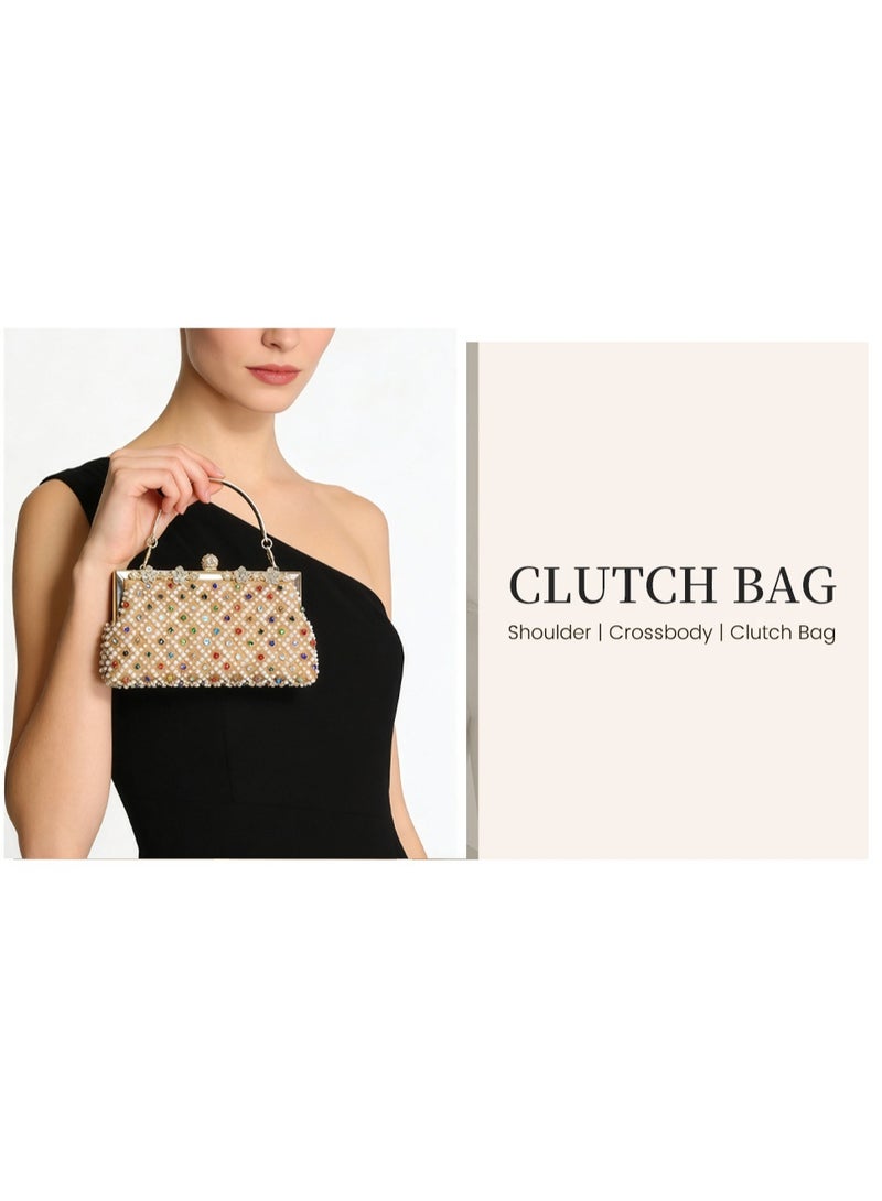 Beaded Evening Clutch Bag for Women, Rhinestone & Pearl Embellished Handbag with Gold Metal Frame, Elegant Party Purse with Detachable Chain Strap - Image 2