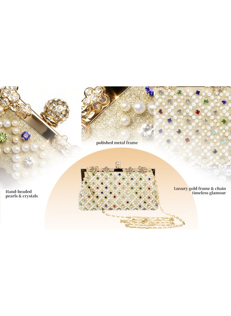 Beaded Evening Clutch Bag for Women, Rhinestone & Pearl Embellished Handbag with Gold Metal Frame, Elegant Party Purse with Detachable Chain Strap - Image 4