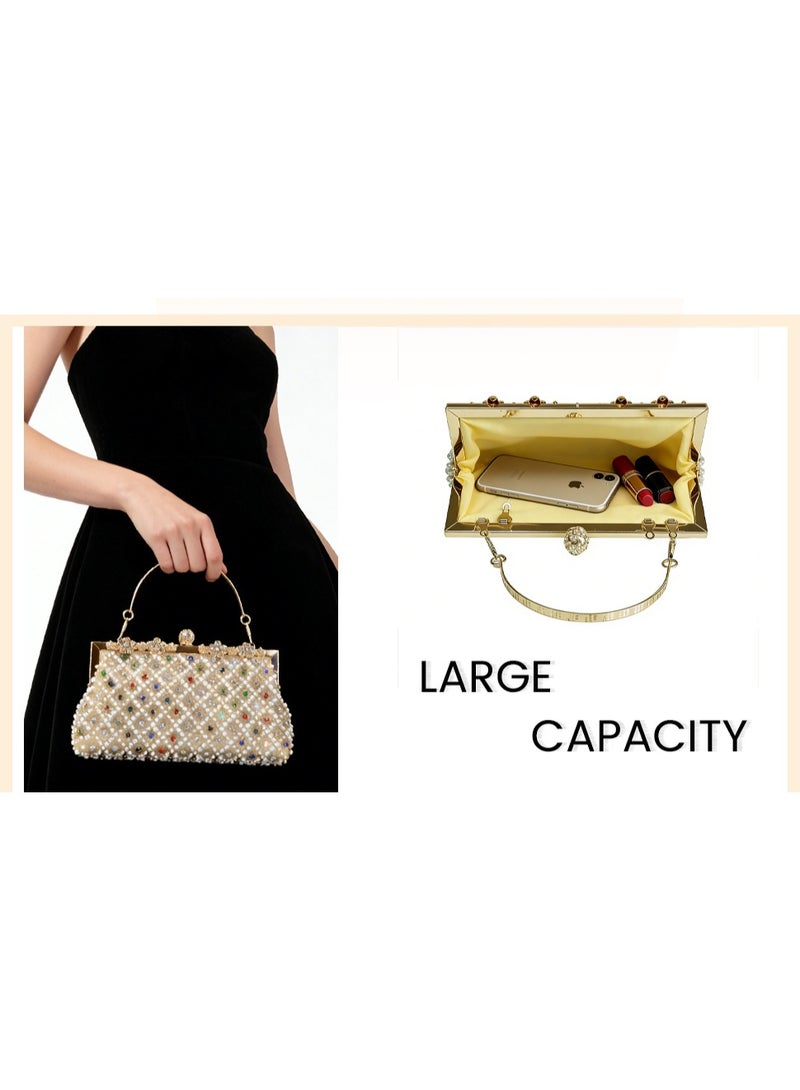 Beaded Evening Clutch Bag for Women, Rhinestone & Pearl Embellished Handbag with Gold Metal Frame, Elegant Party Purse with Detachable Chain Strap - Image 5