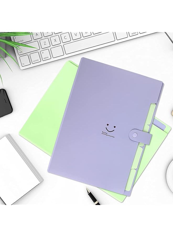 erorex - Expanding File Folders 2 Pack Plastic Letter A4 Paper Organizer Folder With Labels With Snap Closure Folders With 5 Pockets For School Home Work Office Green And Purple - Image 1