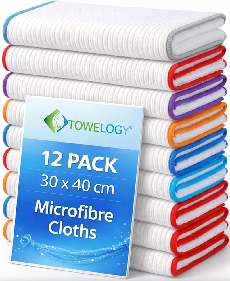 Towelogy Microfibre Cleaning Cloths, 12 Pack - 30x40cm Reusable Lint Free Cloths - Image 1