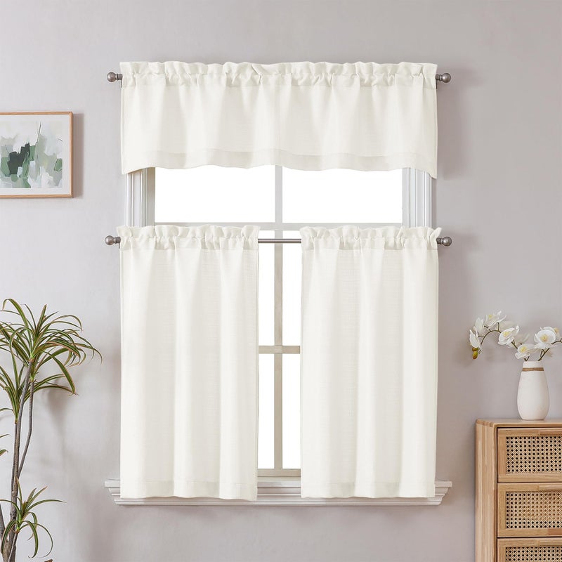 Chyhomenyc Short Curtains 36 Inch Length, Faux Linen Textured Small Kitchen Curtain, Light Filtering Yellowish Half Window Curtains for Basement Cabinet, Each 30x36 Inch, Creamï¼ˆprev. Ivoryï¼‰ - Image 2