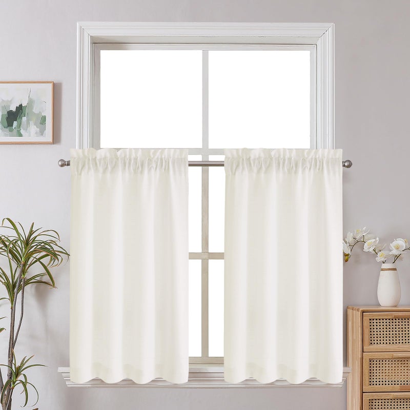 Chyhomenyc Short Curtains 36 Inch Length, Faux Linen Textured Small Kitchen Curtain, Light Filtering Yellowish Half Window Curtains for Basement Cabinet, Each 30x36 Inch, Creamï¼ˆprev. Ivoryï¼‰ - Image 1