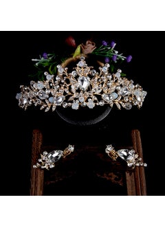 Bridal Tiara and Earrings Set with Pink CrystalsGold white crown with ear needles Gold white crown with ear needles