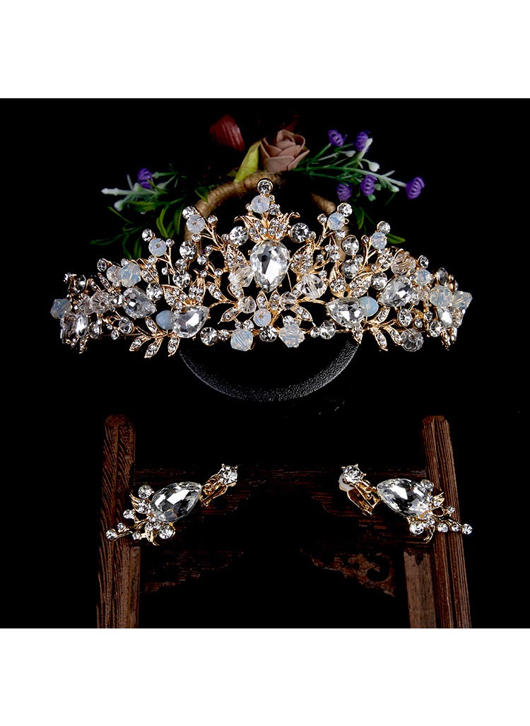 Generic - Bridal Tiara and Earrings Set with Pink CrystalsGold white crown with ear needles Gold white crown with ear needles - Image 1