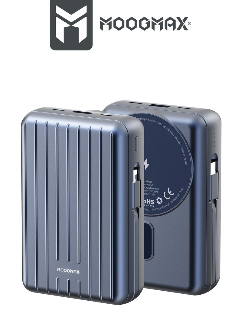 MOOGMAX 20000mAh Trunk series magnetic wireless power bank  22.5W super-charging, two built-in cables with 15W wireless charging, 3 external ports 1 Type-C and 1 Type-A, and a Lightning port. Blue  - Image 3