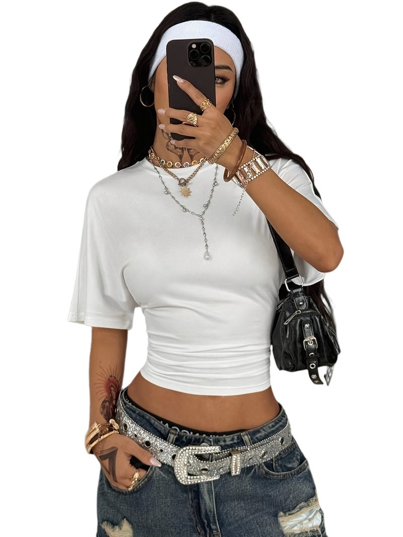 Elegant Solid Ruched Flared Sleeve Women'S Short Sleeve Top - White / S - Image 1