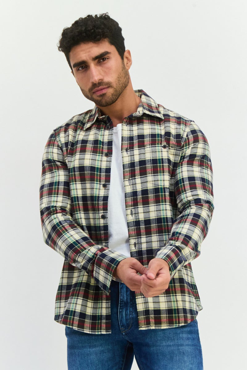 GAS قميص رجالي عادي بأكمام طويلة ومقلم، مجموعة أزرق/بيج - Image 1