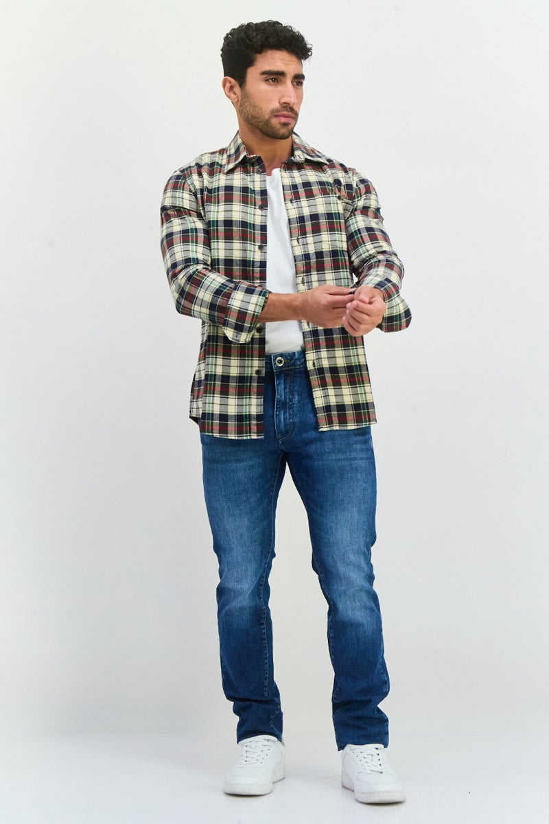 GAS قميص رجالي عادي بأكمام طويلة ومقلم، مجموعة أزرق/بيج - Image 4