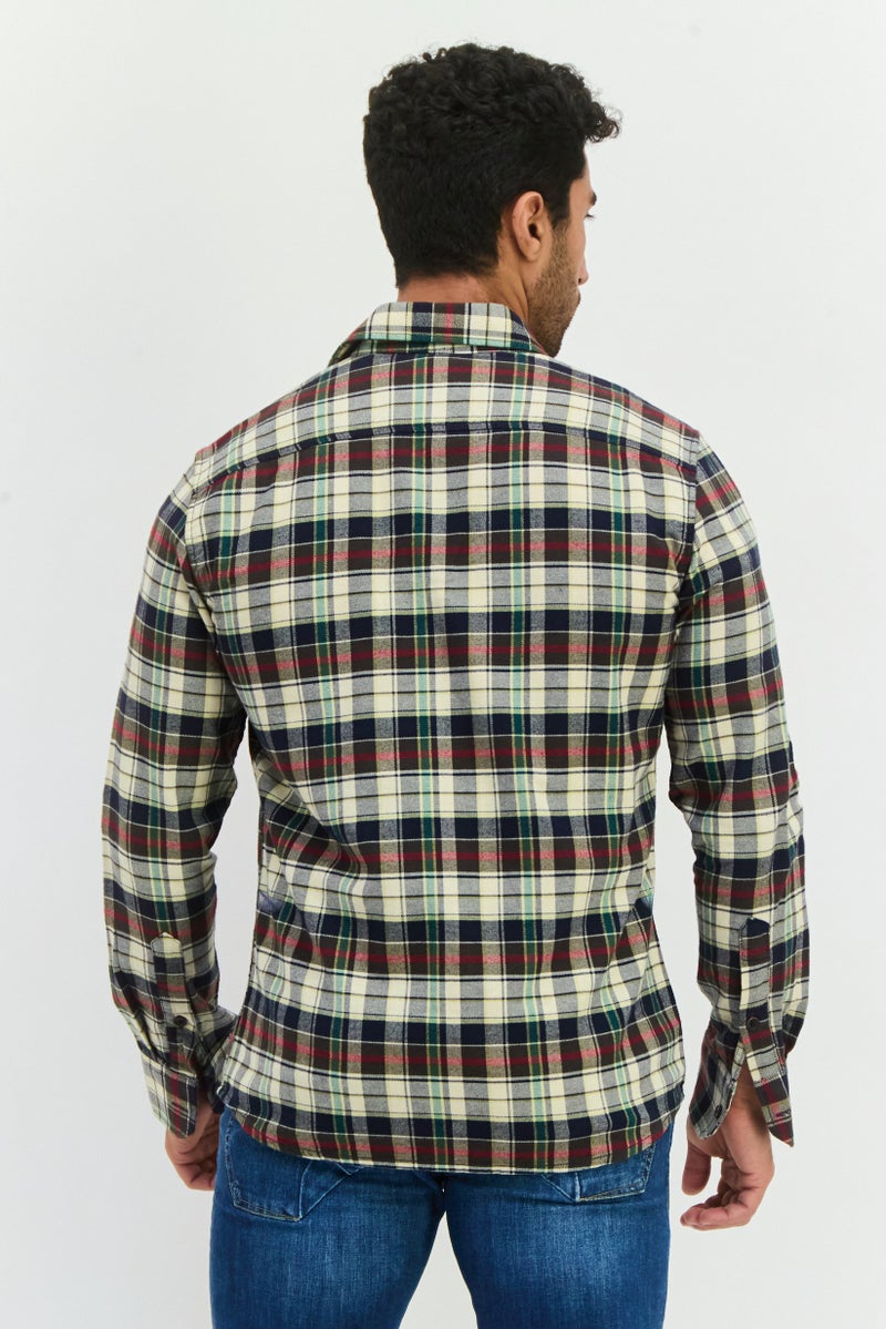 GAS قميص رجالي عادي بأكمام طويلة ومقلم، مجموعة أزرق/بيج - Image 3