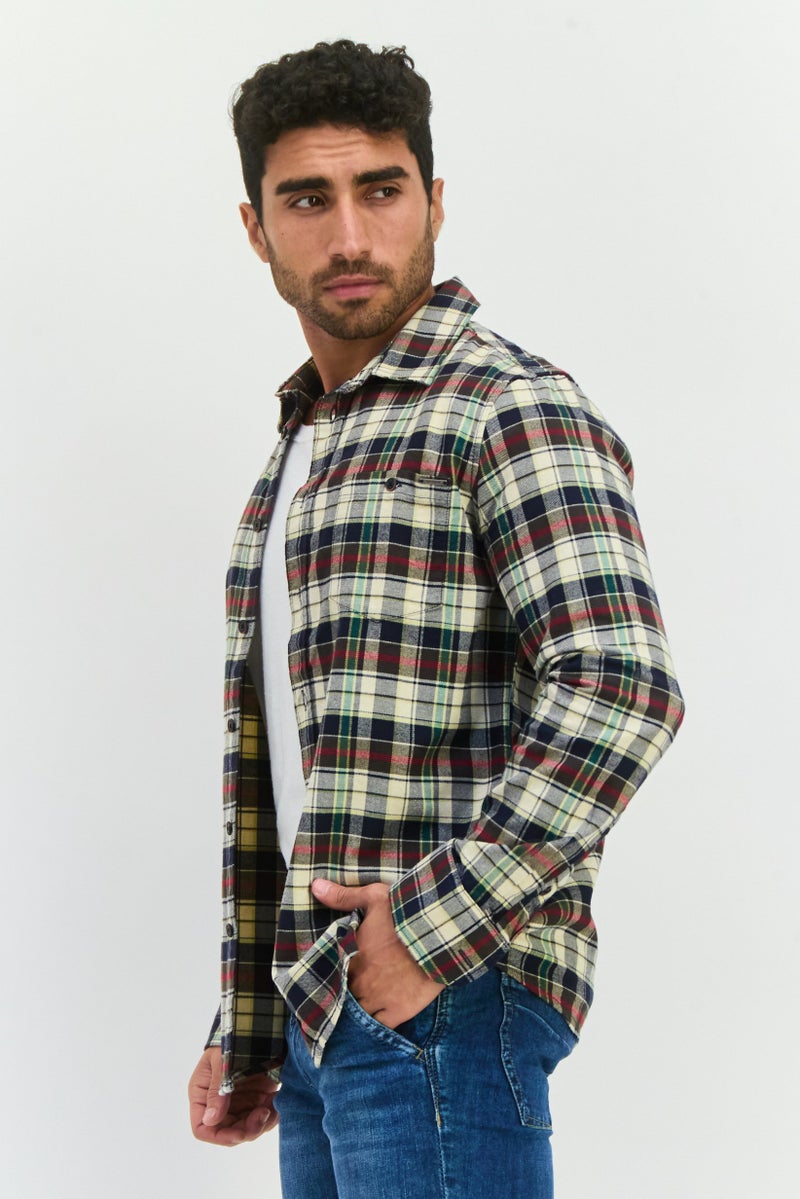 GAS قميص رجالي عادي بأكمام طويلة ومقلم، مجموعة أزرق/بيج - Image 2