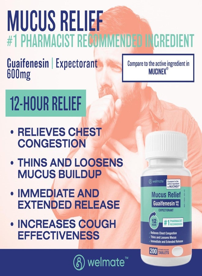 WELMATE - Mucus Relief - Guaifenesin 600mg - 12 Hr Support - Temporary Relief from Cough, Nasal & Chest Congestion, Infections, Colds, & Allergies - Expectorant - Extended-Release Tablets - 200 Ct - Image 2