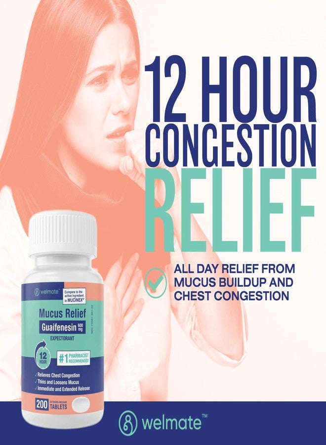 WELMATE - Mucus Relief - Guaifenesin 600mg - 12 Hr Support - Temporary Relief from Cough, Nasal & Chest Congestion, Infections, Colds, & Allergies - Expectorant - Extended-Release Tablets - 200 Ct - Image 3