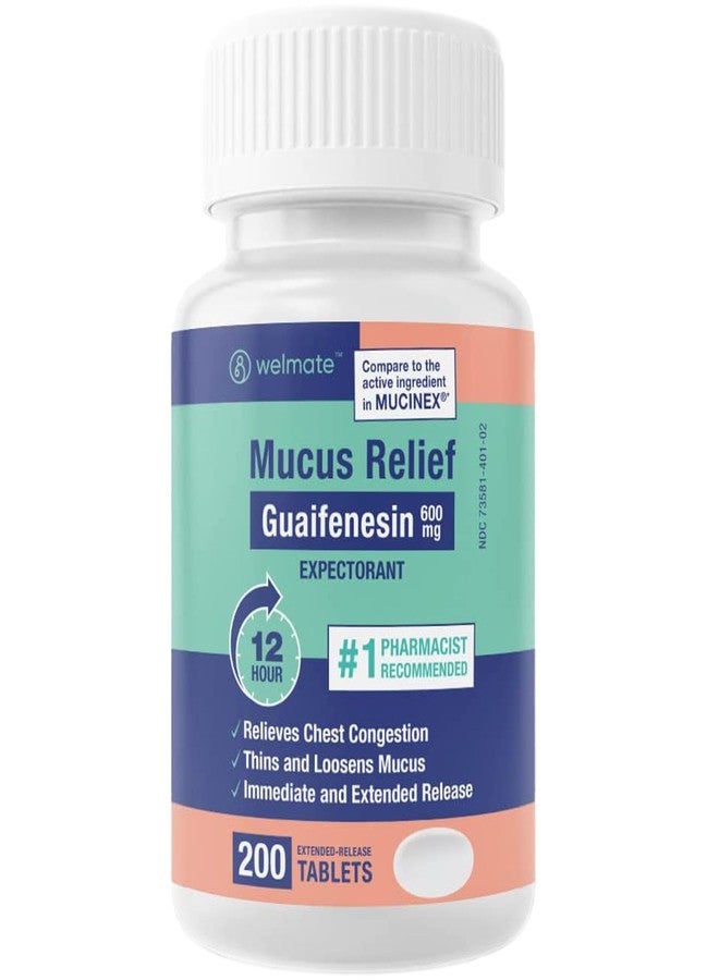 WELMATE - Mucus Relief - Guaifenesin 600mg - 12 Hr Support - Temporary Relief from Cough, Nasal & Chest Congestion, Infections, Colds, & Allergies - Expectorant - Extended-Release Tablets - 200 Ct - Image 1