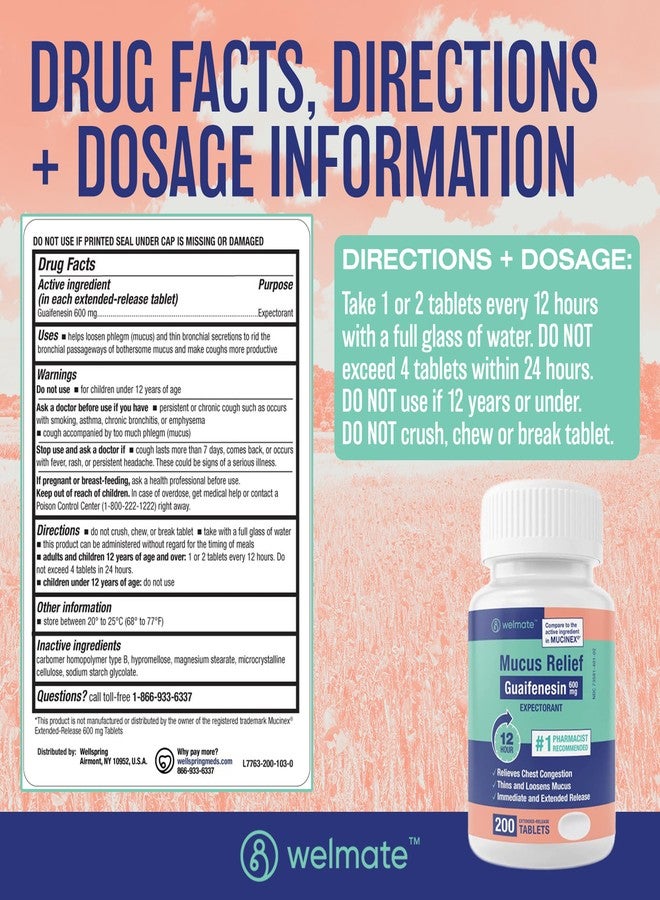 WELMATE - Mucus Relief - Guaifenesin 600mg - 12 Hr Support - Temporary Relief from Cough, Nasal & Chest Congestion, Infections, Colds, & Allergies - Expectorant - Extended-Release Tablets - 200 Ct - Image 5