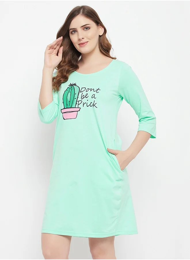 Clovia Clovia Cactus Print Long Sleep Tee in Seafoam Green - 100% Cotton