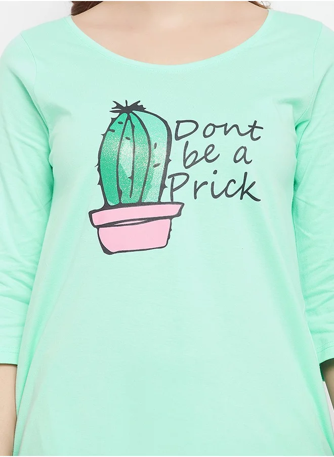 Clovia Clovia Cactus Print Long Sleep Tee in Seafoam Green - 100% Cotton