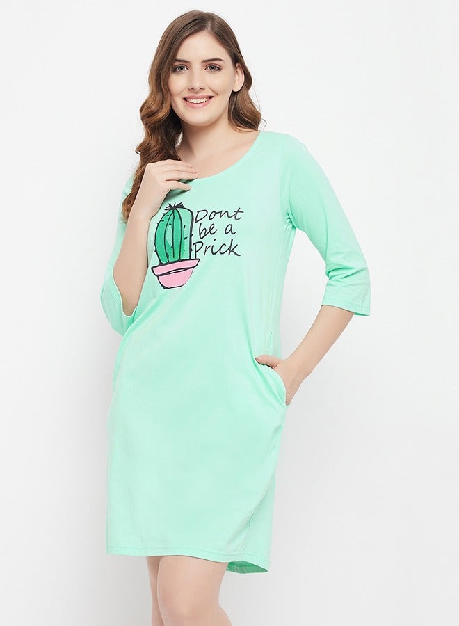 Clovia Cactus Print Long Sleep Tee in Seafoam Green - 100% Cotton - Image 2