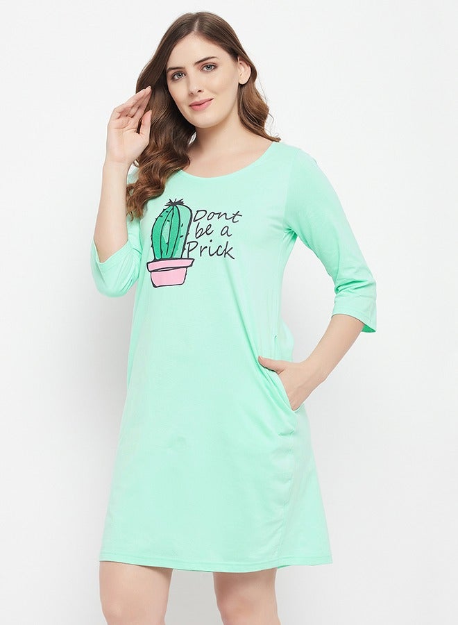Clovia Cactus Print Long Sleep Tee in Seafoam Green - 100% Cotton - Image 3