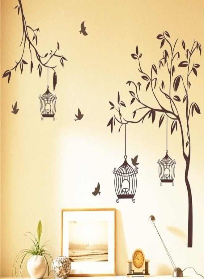Byteon Tree with Birds and Cages' Wall Sticker (PVC Vinyl, 30 cm x 90 cm, Brown)