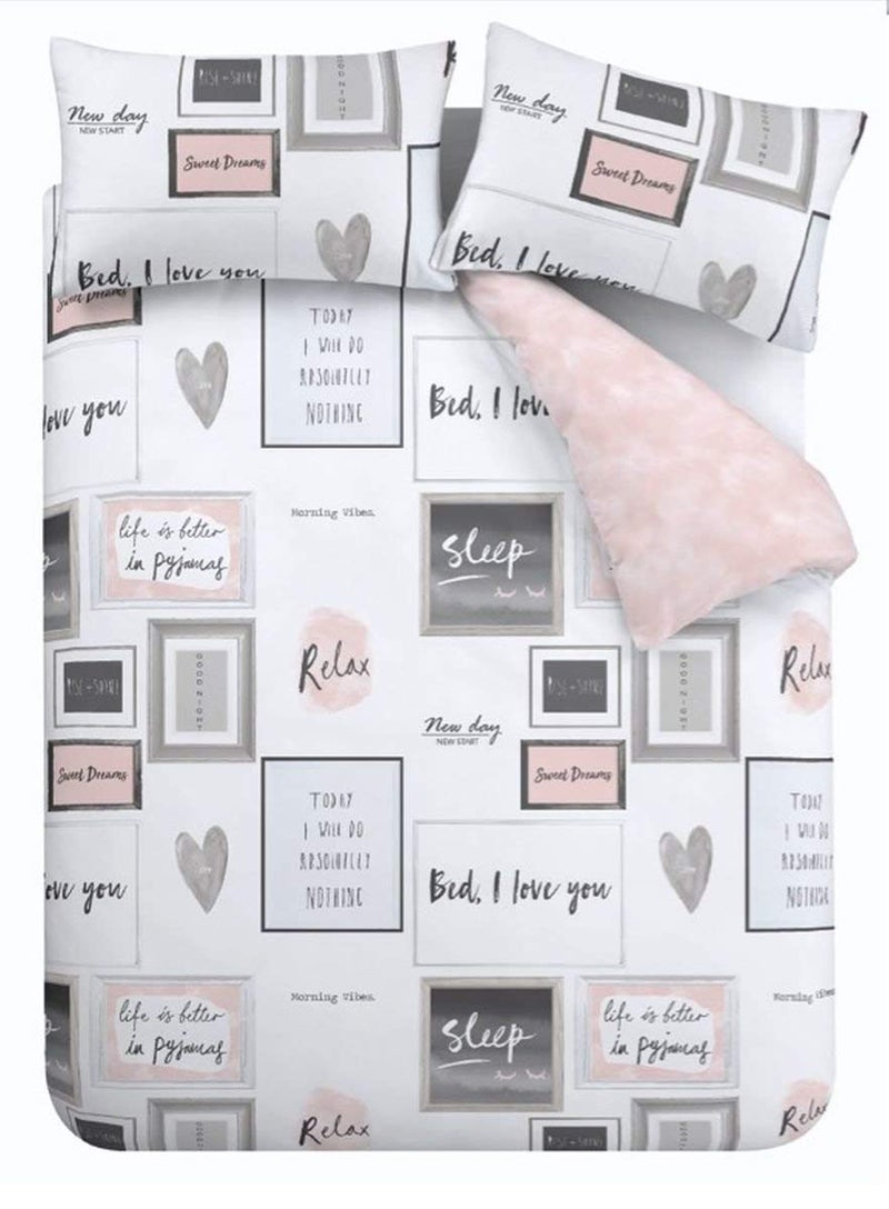 Catherine Lansfield Sleep Dreams Reversible Double Duvet Cover Set with Pillowcases Blush Pink