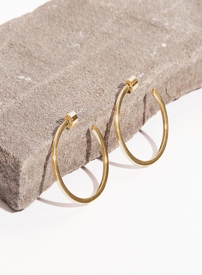 PAVOI 14K Yellow Gold Plated Thin Square Edge Open Hoop Earrings for Women | Leightweight 30MM Diameter Hoops - Image 5