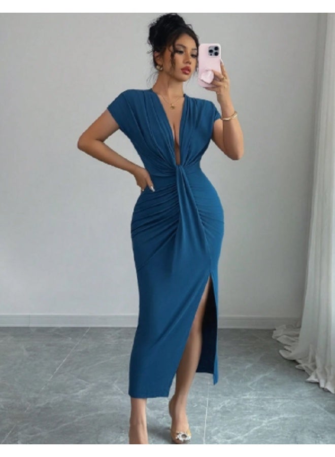 Shein SHEIN Elegant High Waisted Pleated Hem Fitted Sheath Dress, Suitable For Work  - Image 4