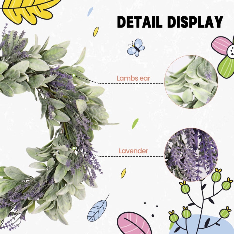 Zhemobang 20" Spring Lavender Wreath for Front Door - Spring Door Wreath with Purple Floral Design, Lambs Ear, Wall Hanging for Farmhouse DÃ©cor, Indoor Outdoor Use, Party & Holiday - Image 3