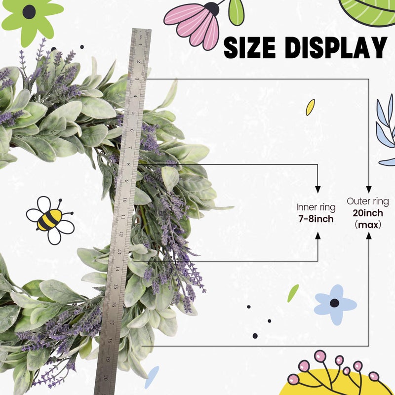 Zhemobang 20" Spring Lavender Wreath for Front Door - Spring Door Wreath with Purple Floral Design, Lambs Ear, Wall Hanging for Farmhouse DÃ©cor, Indoor Outdoor Use, Party & Holiday - Image 2