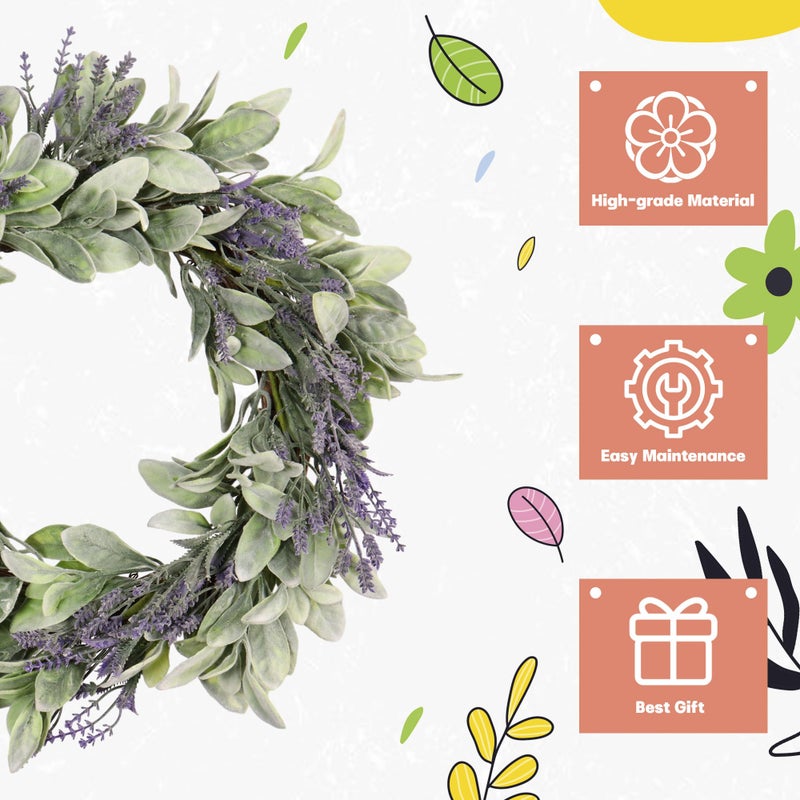 Zhemobang 20" Spring Lavender Wreath for Front Door - Spring Door Wreath with Purple Floral Design, Lambs Ear, Wall Hanging for Farmhouse DÃ©cor, Indoor Outdoor Use, Party & Holiday - Image 5