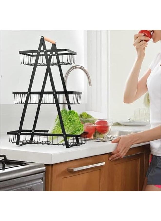 HOOKOR 3 Tier Countertop Fruit Basket, Portable Fruit Bowle Basker for Kitchen Organizer Storage & Dining Room Fruits Vegetable BreadSnacks, Detachable Metal Rectangle Basket Storage (Black)  - Image 2