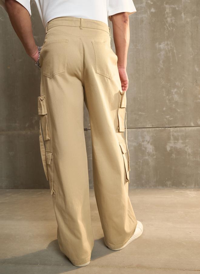 Sassafras Beige Twill Cargo Pockets Wide Leg Pants - Image 5