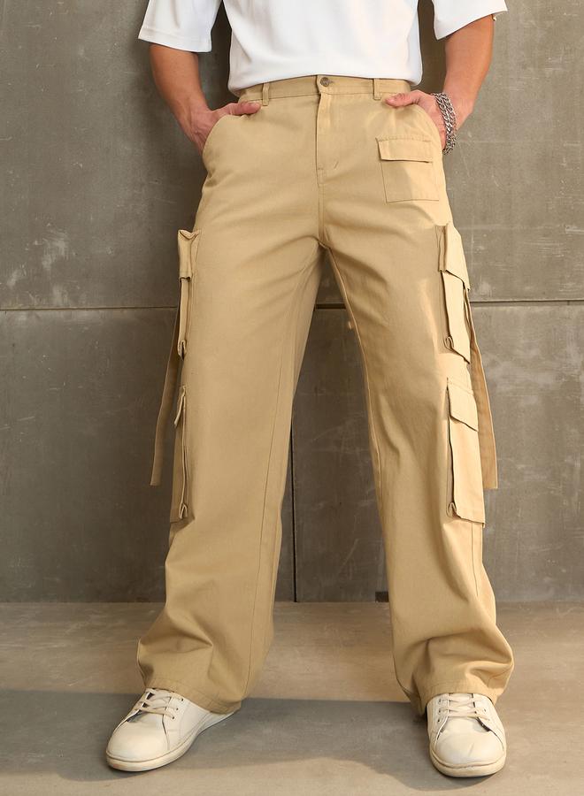 Sassafras Beige Twill Cargo Pockets Wide Leg Pants - Image 1