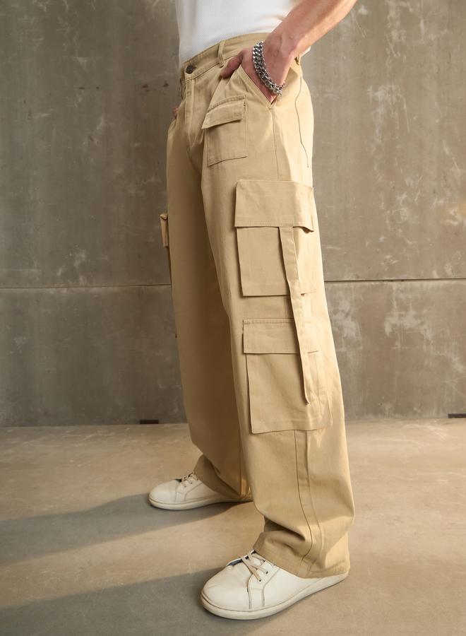 Sassafras Beige Twill Cargo Pockets Wide Leg Pants - Image 3