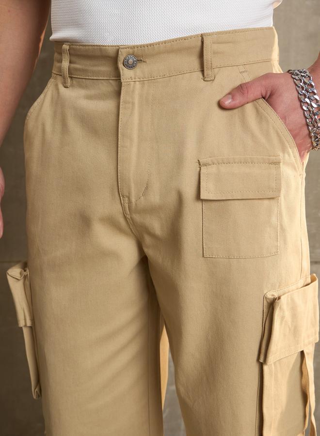 Sassafras Beige Twill Cargo Pockets Wide Leg Pants - Image 4