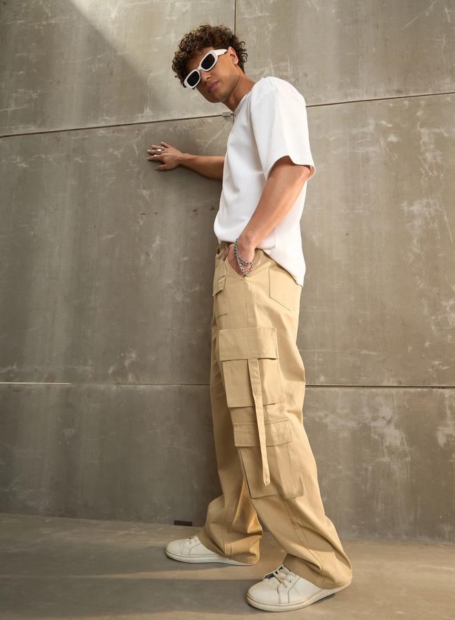 Sassafras Beige Twill Cargo Pockets Wide Leg Pants - Image 2