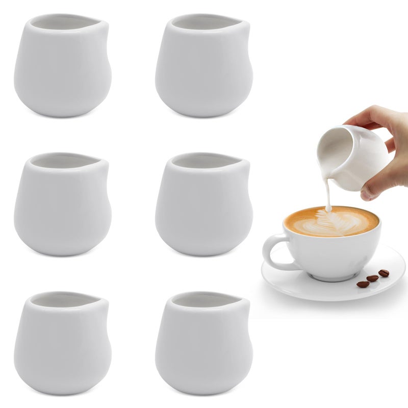 ICEBLUEOR 6 PCS Small Milk Jug 110ml White Ceramic Milk Creamer Pitcher Gravy Jug Sauce Pots Sugar Pot Mini Milk Jugs for Milk Coffee Cream Jug Gravy Boat for Home Kitchen Office Coffee Bar