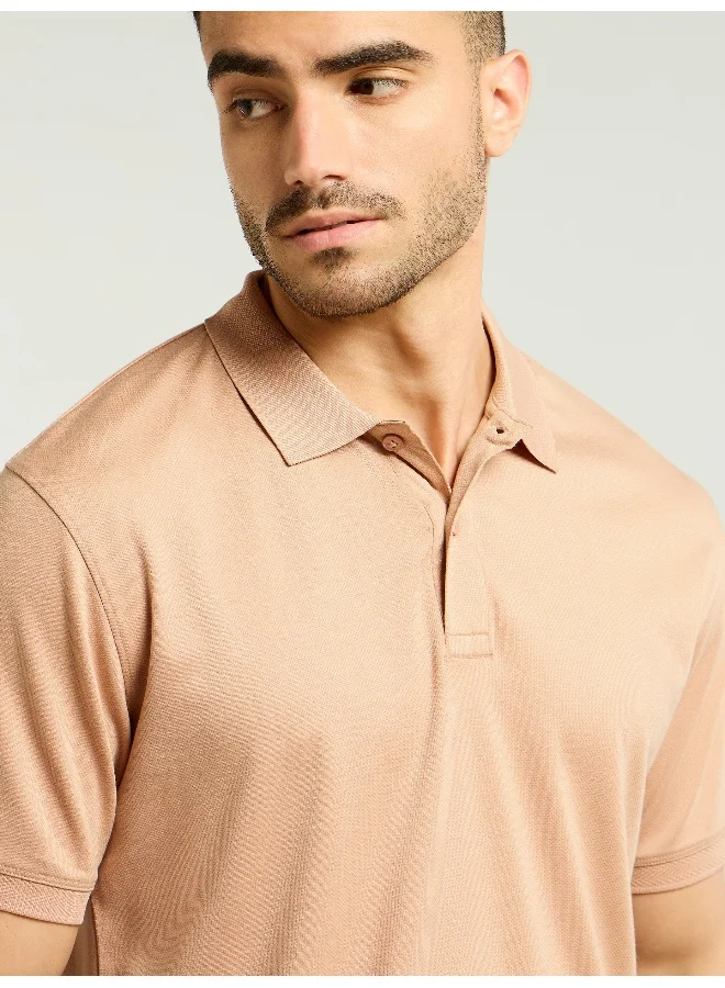 Beyoung Light Peach Ribbed Collar Polo T-Shirt