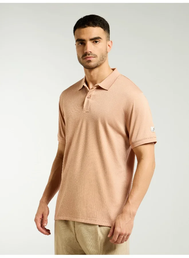 Beyoung Light Peach Ribbed Collar Polo T-Shirt